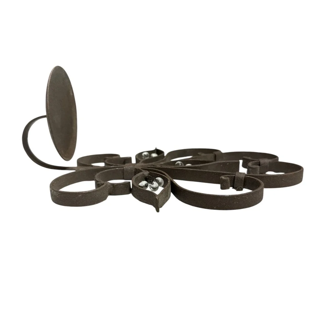 Vintage Pair of Heavy Brown Wrought Iron Wall Candle Sconces w/ Brown Candles
